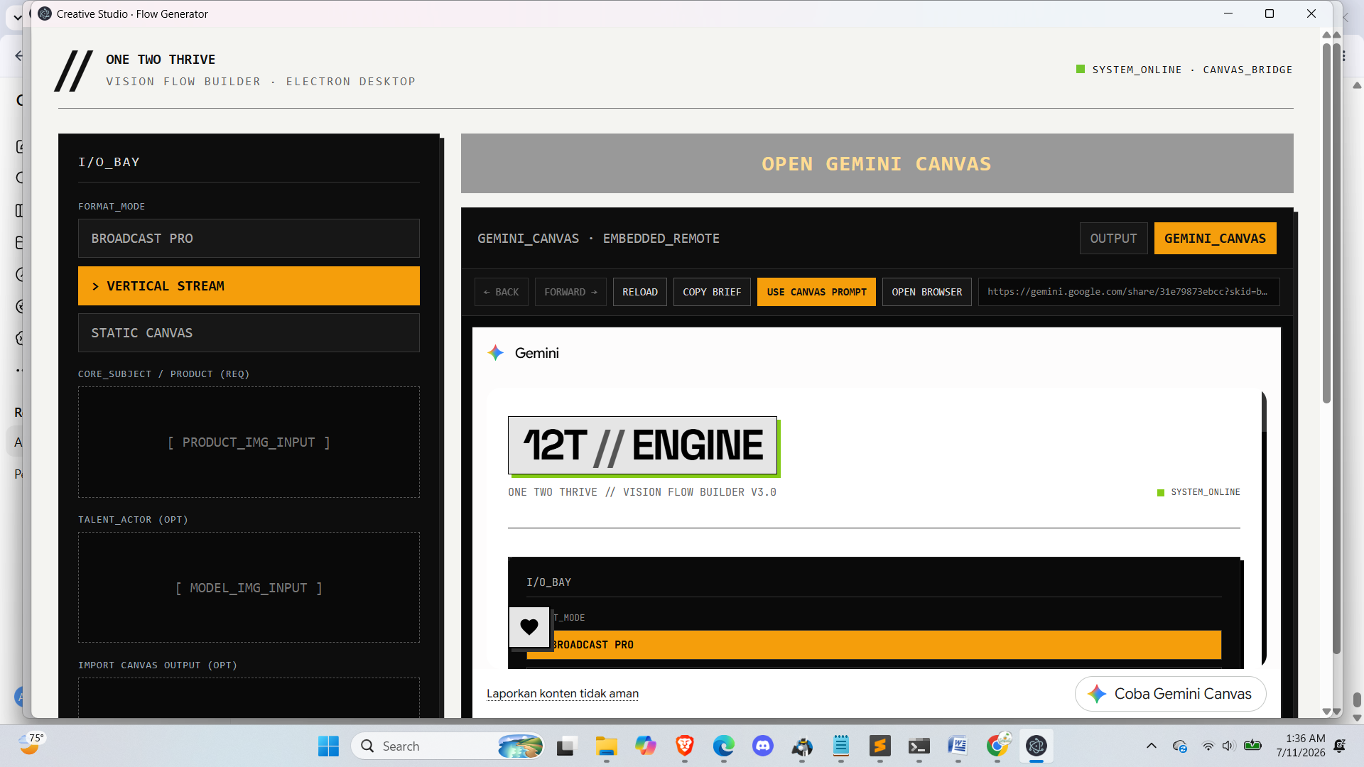 Creative Studio 12T Flow Generator dengan embedded Gemini Canvas